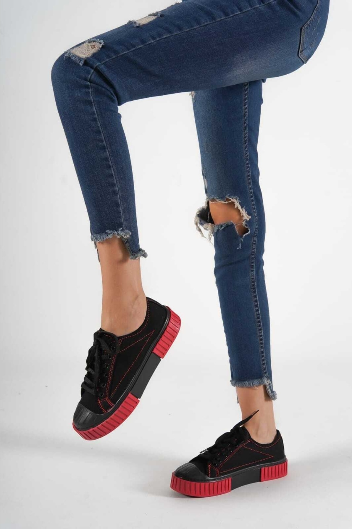 Kadın-erkek Siyah-kırmızı Keten Perfect Sneaker